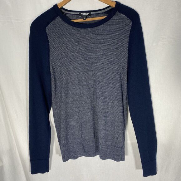 EXPRESS Mens Pullover Sweater Merino Wool Blend Long Sleeve S Blue Preppy Grunge - Picture 1 of 9